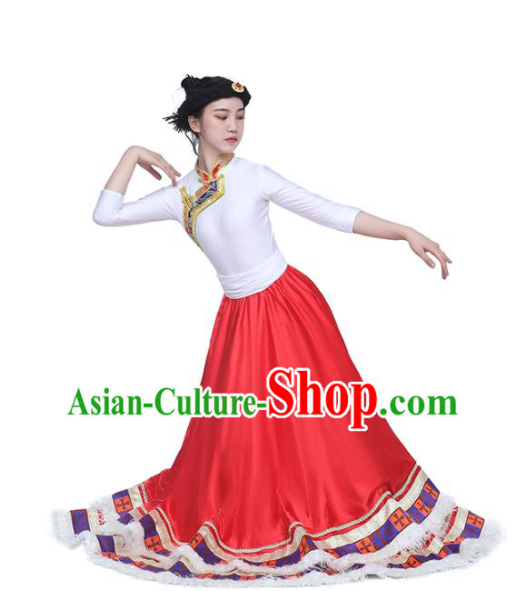 China Traditional Zang Nationality Dance Clothing Tibetan Ethnic White Blouse and Red Skirt Outfits
