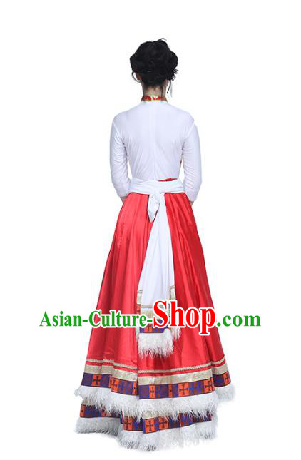 China Traditional Zang Nationality Dance Clothing Tibetan Ethnic White Blouse and Red Skirt Outfits