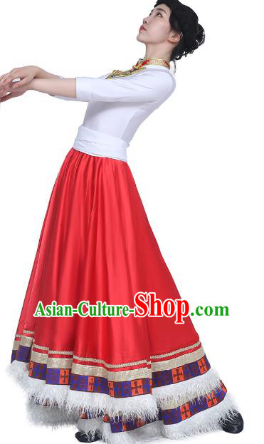 China Traditional Zang Nationality Dance Clothing Tibetan Ethnic White Blouse and Red Skirt Outfits