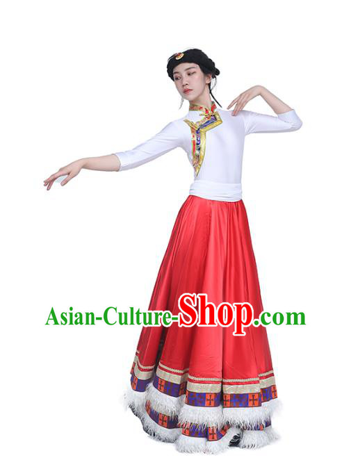 China Traditional Zang Nationality Dance Clothing Tibetan Ethnic White Blouse and Red Skirt Outfits