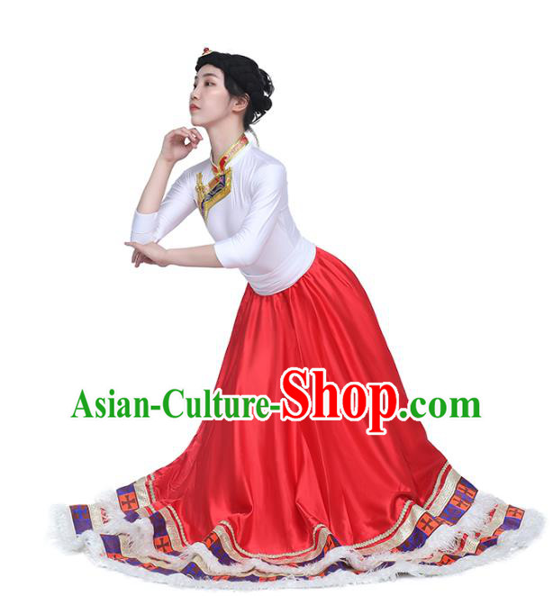 China Traditional Zang Nationality Dance Clothing Tibetan Ethnic White Blouse and Red Skirt Outfits