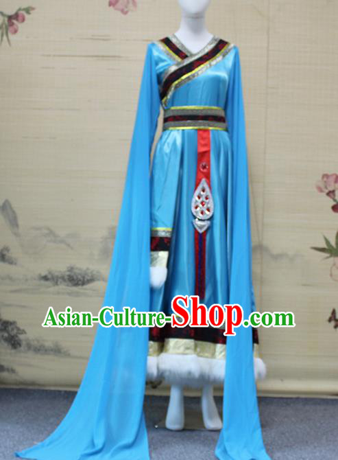 China Traditional Zang Nationality Folk Dance Clothing Tibetan Ethnic Women Dance Blue Robe