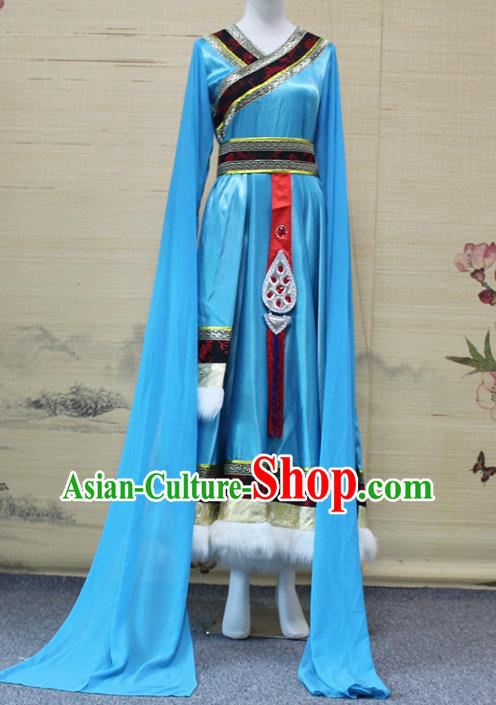 China Traditional Zang Nationality Folk Dance Clothing Tibetan Ethnic Women Dance Blue Robe