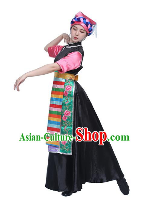 China Traditional Zang Nationality Dance Clothing Tibetan Ethnic Folk Dance Black Dress Outfits