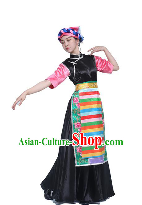 China Traditional Zang Nationality Dance Clothing Tibetan Ethnic Folk Dance Black Dress Outfits