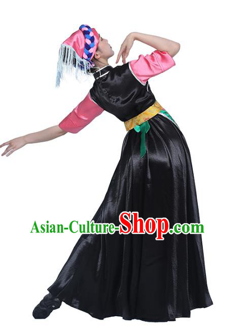 China Traditional Zang Nationality Dance Clothing Tibetan Ethnic Folk Dance Black Dress Outfits