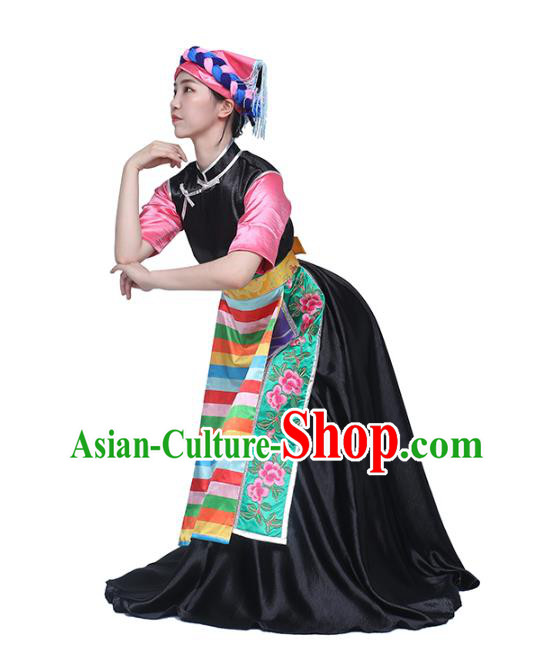 China Traditional Zang Nationality Dance Clothing Tibetan Ethnic Folk Dance Black Dress Outfits