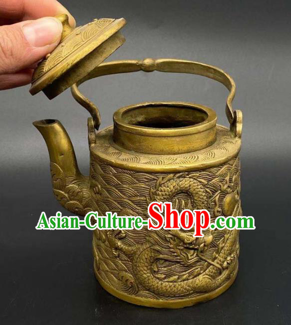 andmade Chinese Carving Dragon Teapot Ornaments Traditional Brass Kettle Accessories