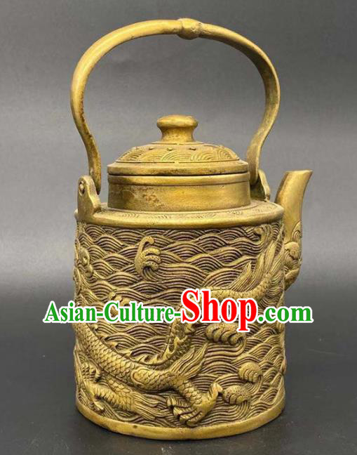 andmade Chinese Carving Dragon Teapot Ornaments Traditional Brass Kettle Accessories