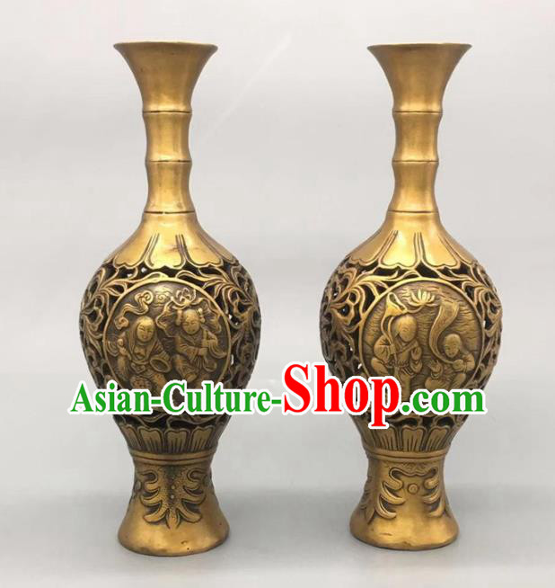 Handmade Chinese Carving Kids Flower Jardiniere Ornaments Brass Vase Accessories
