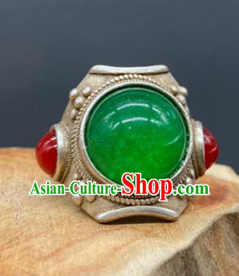 China Handmade Silver Jewelry Accessories Traditional Chrysoprase Thimble Circlet National Agate Ring