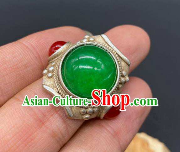 China Handmade Silver Jewelry Accessories Traditional Chrysoprase Thimble Circlet National Agate Ring