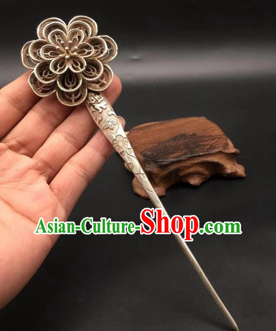 China Traditional Hair Accessories Classical Silver Peony Hairpin Handmade Hair Stick