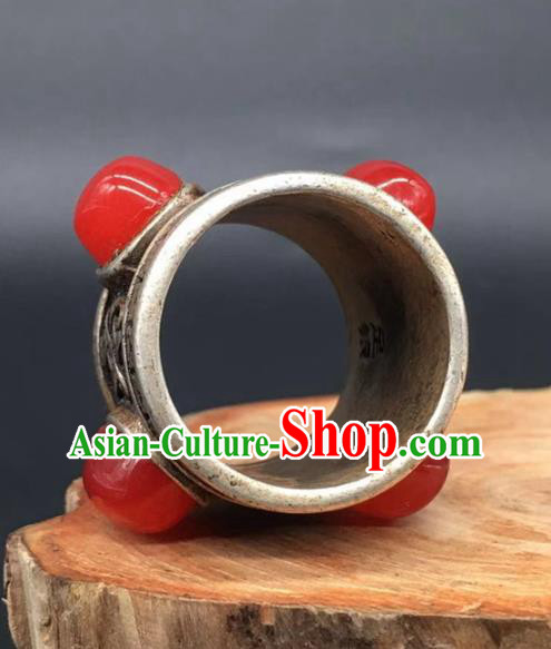 China National Agate Ring Traditional Silver Circlet Thimble Handmade Jewelry Accessories