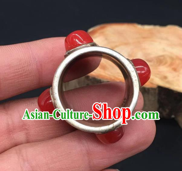 China National Agate Ring Traditional Silver Circlet Thimble Handmade Jewelry Accessories
