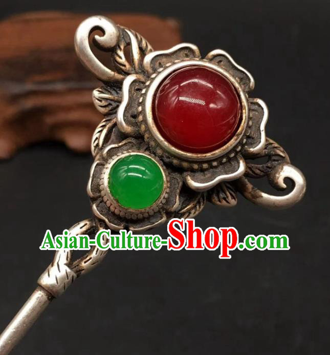 China Traditional Hair Accessories Classical Gems Hairpin Handmade Silver Hair Stick