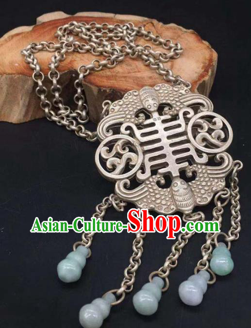 Chinese Handmade Jade Gourd Tassel Necklet Classical Ethnic Accessories National Silver Carving Bat Necklace Pendant Jewelry