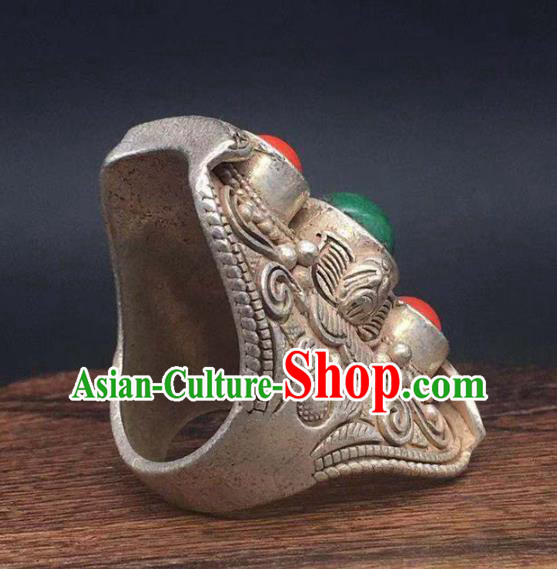 China National Gems Ring Handmade Jewelry Accessories Traditional Silver Circlet Thimble