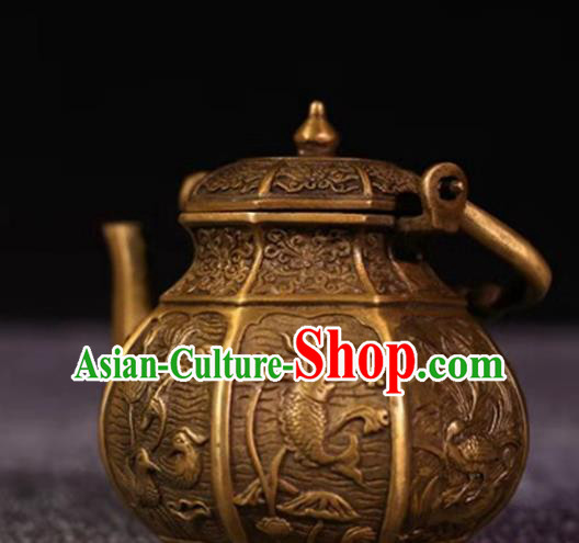 Handmade Chinese Carving Mandarin Duck Teapot Ornaments Traditional Brass Accessories Tea Kettle