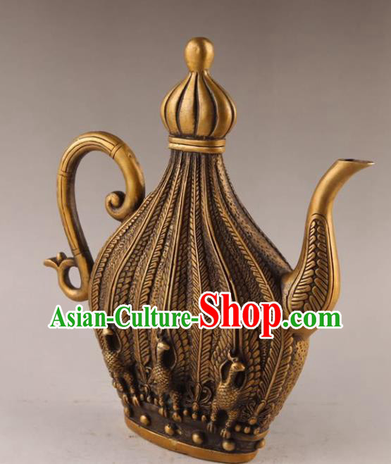 Handmade Chinese Carving Phoenix Wine Pot Ornaments Traditional Brass Accessories Flagon