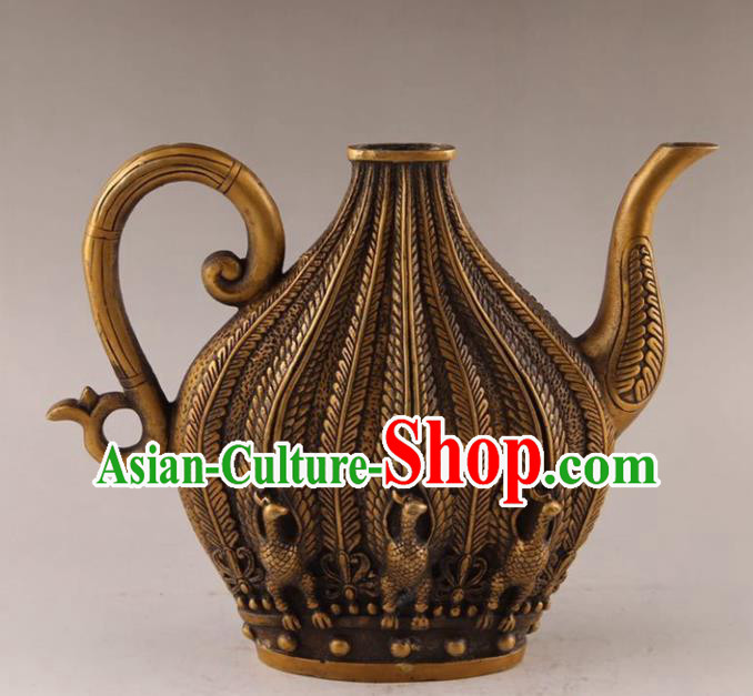 Handmade Chinese Carving Phoenix Wine Pot Ornaments Traditional Brass Accessories Flagon