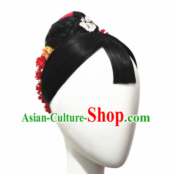 Traditional China Folk Dance Headwear Handmade Fan Dance Hair Accessories Wig Sheath