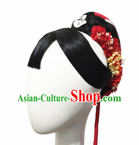 Traditional China Folk Dance Headwear Handmade Fan Dance Hair Accessories Wig Sheath