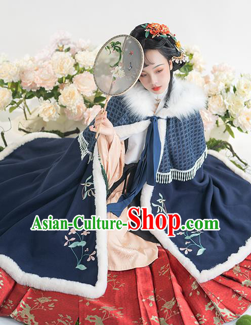 China Traditional Ming Dynasty Historical Clothing Ancient Nobility Lady Hanfu Embroidered Navy Cloak