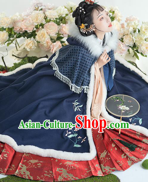 China Traditional Ming Dynasty Historical Clothing Ancient Nobility Lady Hanfu Embroidered Navy Cloak