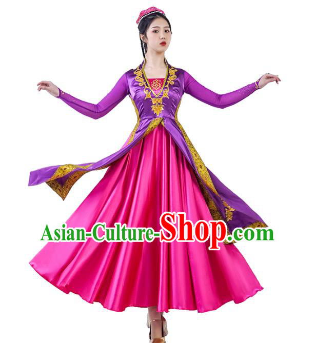 China Traditional Uyghur Nationality Dance Clothing Ethnic Women Folk Dance Purple Dress Outfits