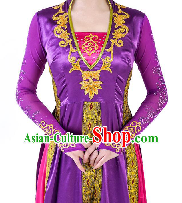 China Traditional Uyghur Nationality Dance Clothing Ethnic Women Folk Dance Purple Dress Outfits