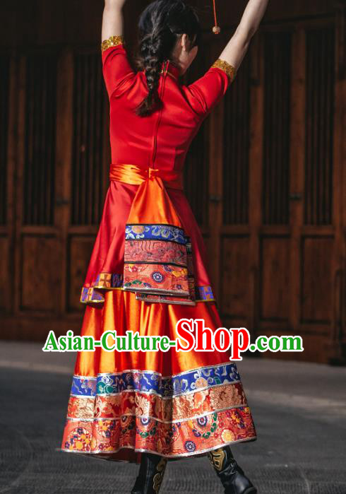 China Zang Ethnic Women Folk Dance Red Dress Outfits Traditional Tibetan Nationality Wedding Clothing