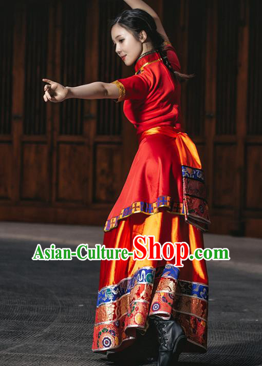 China Zang Ethnic Women Folk Dance Red Dress Outfits Traditional Tibetan Nationality Wedding Clothing