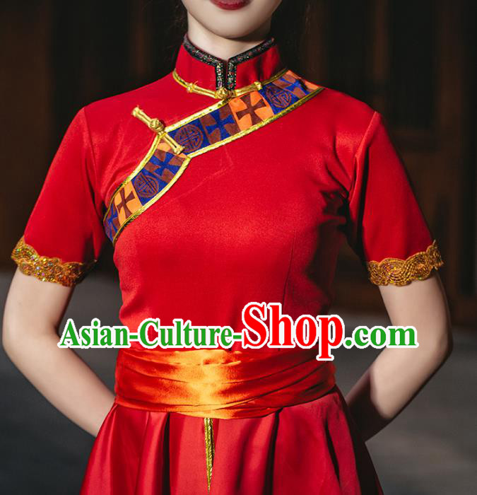 China Zang Ethnic Women Folk Dance Red Dress Outfits Traditional Tibetan Nationality Wedding Clothing