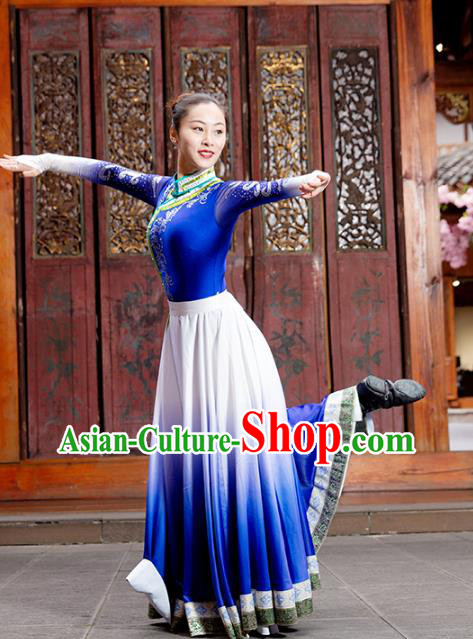 China Mongolian Ethnic Women Folk Dance Blue Dress Traditional Mongol Nationality Dance Clothing