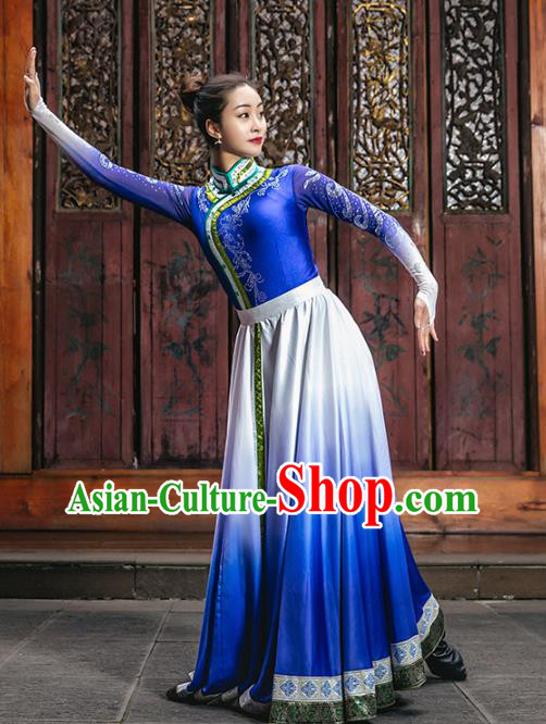 China Mongolian Ethnic Women Folk Dance Blue Dress Traditional Mongol Nationality Dance Clothing