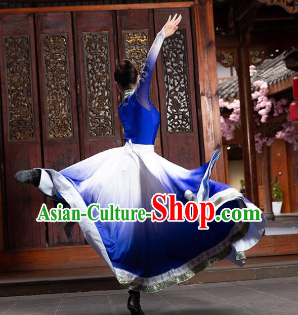 China Mongolian Ethnic Women Folk Dance Blue Dress Traditional Mongol Nationality Dance Clothing