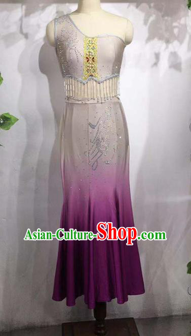 China Ethnic Women Peacock Dance Purple Dress Outfits Traditional Dai Nationality Folk Dance Clothing