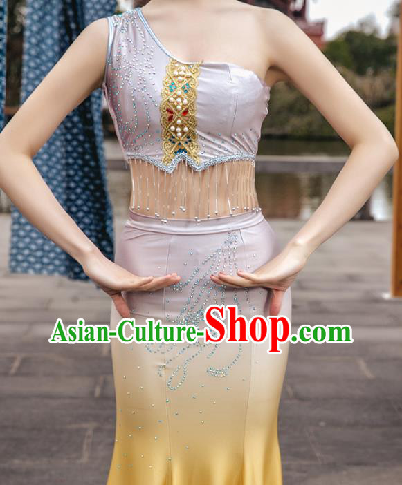 China Traditional Dai Nationality Folk Dance Clothing Ethnic Women Peacock Dance Red Dress Outfits