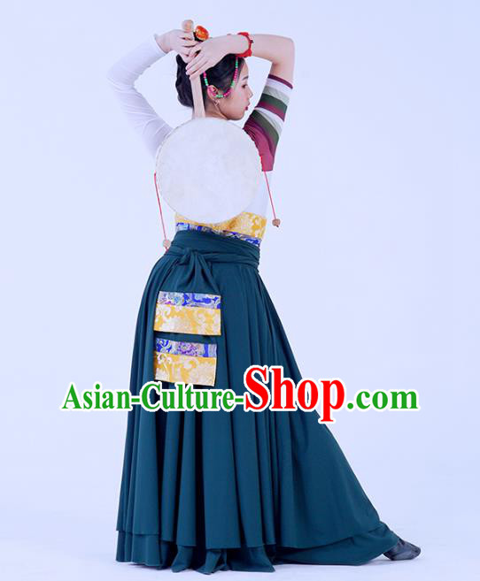 China Traditional Zang Nationality Folk Dance Clothing Tibetan Ethnic Women Dance Robe Outfits