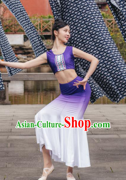 China Traditional Dai Nationality Peacock Dance Clothing Yunnan Ethnic Women Purple Dress Outfits