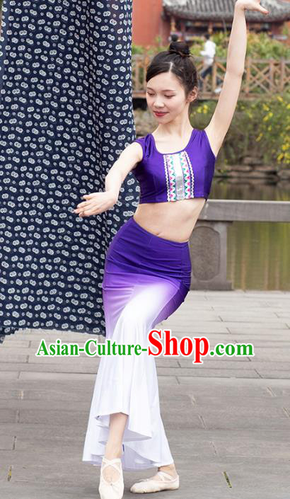 China Traditional Dai Nationality Peacock Dance Clothing Yunnan Ethnic Women Purple Dress Outfits