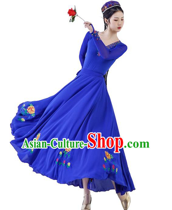 China Ethnic Women Folk Dance Blue Dress and Hat Outfits Traditional Uyghur Nationality Clothing