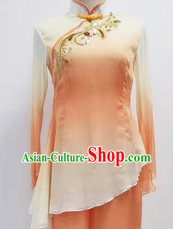 China Traditional Folk Dance Clothing Women Fan Dance Orange Blouse and Pants Outfits