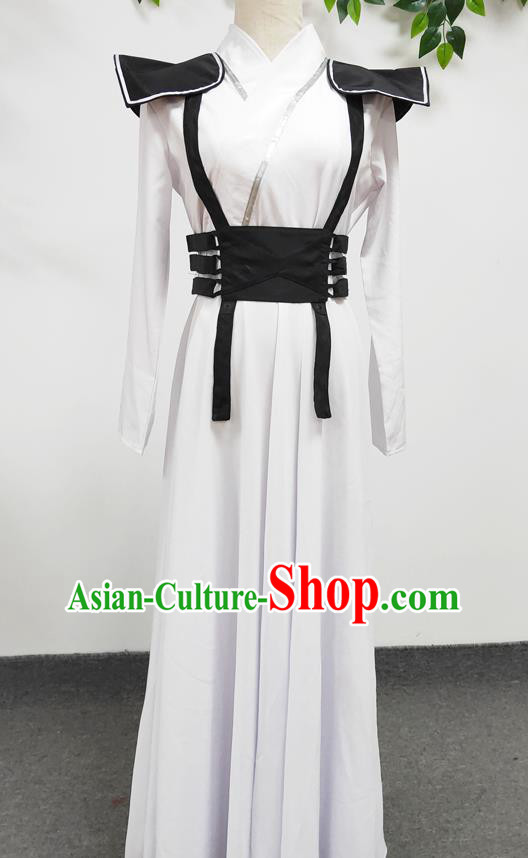 Traditional Chinese Cosplay Ancient Female Swordsman White Hanfu Dress Stage Performance Clothing