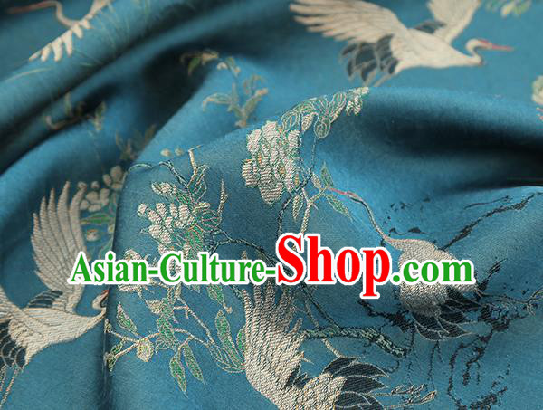 Chinese Blue Gambiered Guangdong Gauze Royal Crane Pattern Song Brocade Traditional Cheongsam Silk Fabric