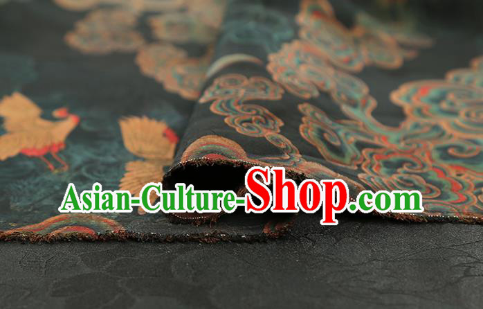 Chinese Gambiered Guangdong Gauze Traditional Cheongsam Silk Fabric Royal Cloud Crane Pattern Atrovirens Brocade
