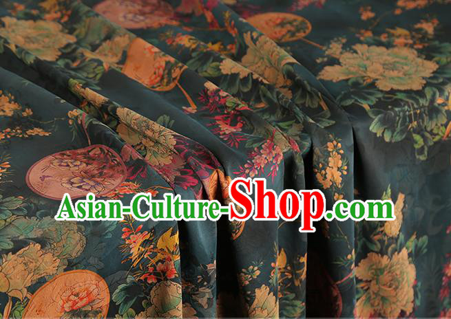 Chinese Atrovirens Gambiered Guangdong Gauze Traditional Cheongsam Silk Fabric Royal Peony Pattern Brocade Drapery