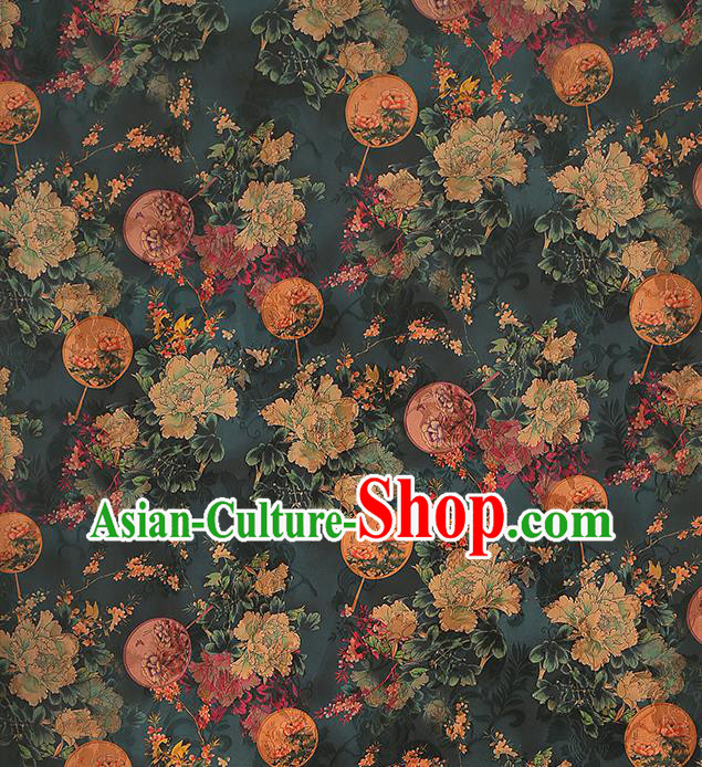 Chinese Atrovirens Gambiered Guangdong Gauze Traditional Cheongsam Silk Fabric Royal Peony Pattern Brocade Drapery