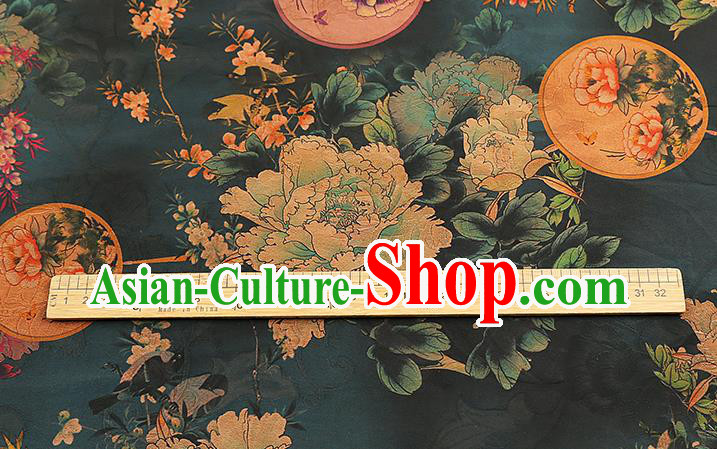 Chinese Atrovirens Gambiered Guangdong Gauze Traditional Cheongsam Silk Fabric Royal Peony Pattern Brocade Drapery